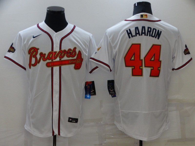 Men's Atlanta Braves #44 Hank Aaron 2022 White/Gold World Series Champions Program Flex Base Stitched Baseball Jersey Men's Atlanta Braves #44 Hank Aaron 2022 White/Gold World Series Champions Program Flex Base Stitched Baseball Jersey